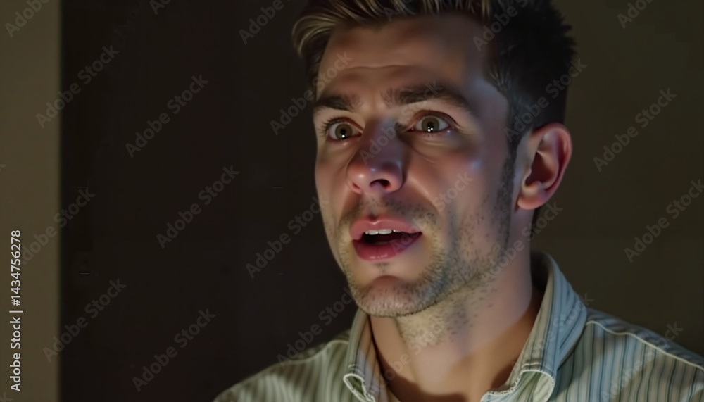 Young man expressing surprise in a dimly lit room Young man expressing surprise in a dimly lit room