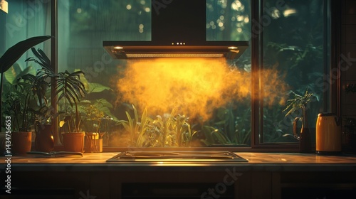 Realistic Smart Vent Hood Filter in Lush Kitchen with Steam and Plants Captured in High-Quality Photography