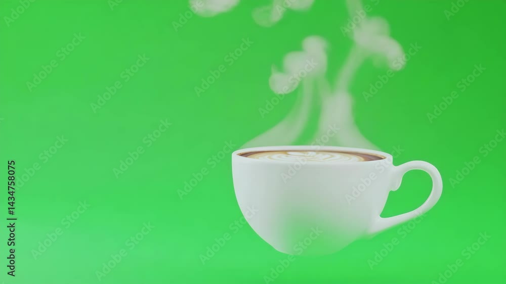 Steaming white coffee cup on green screen.
