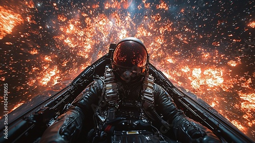 In space astronaut navigates explosions in a first-person cosmic battlefield adventure