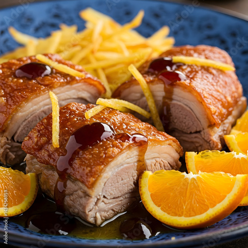 Obraz na płótnie Seared duck breast slices with crispy skin, sauce, orange segments, and fried potato sticks on a blue plate w salonie