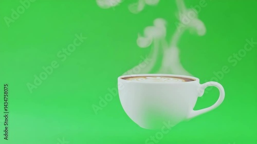 Steaming white coffee cup on green screen.