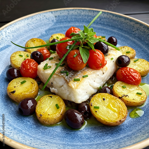 Obraz na płótnie A piece of baked cod is served with roasted potatoes, cherry tomatoes, and olives on a blue plate w salonie