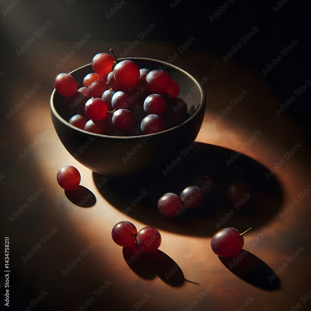 A dark bowl holds red grapes, with some scattered on a dimly lit surface casting long shadows