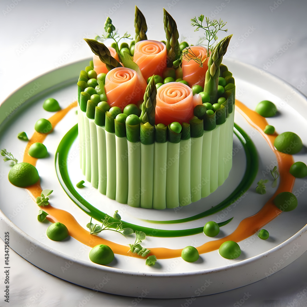 An intricately decorated savory mousse cake features salmon roses, asparagus spears, and pea puree