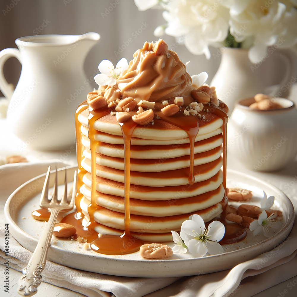 A tall stack of pancakes is topped with caramel, nuts, and cream, garnished with flowers