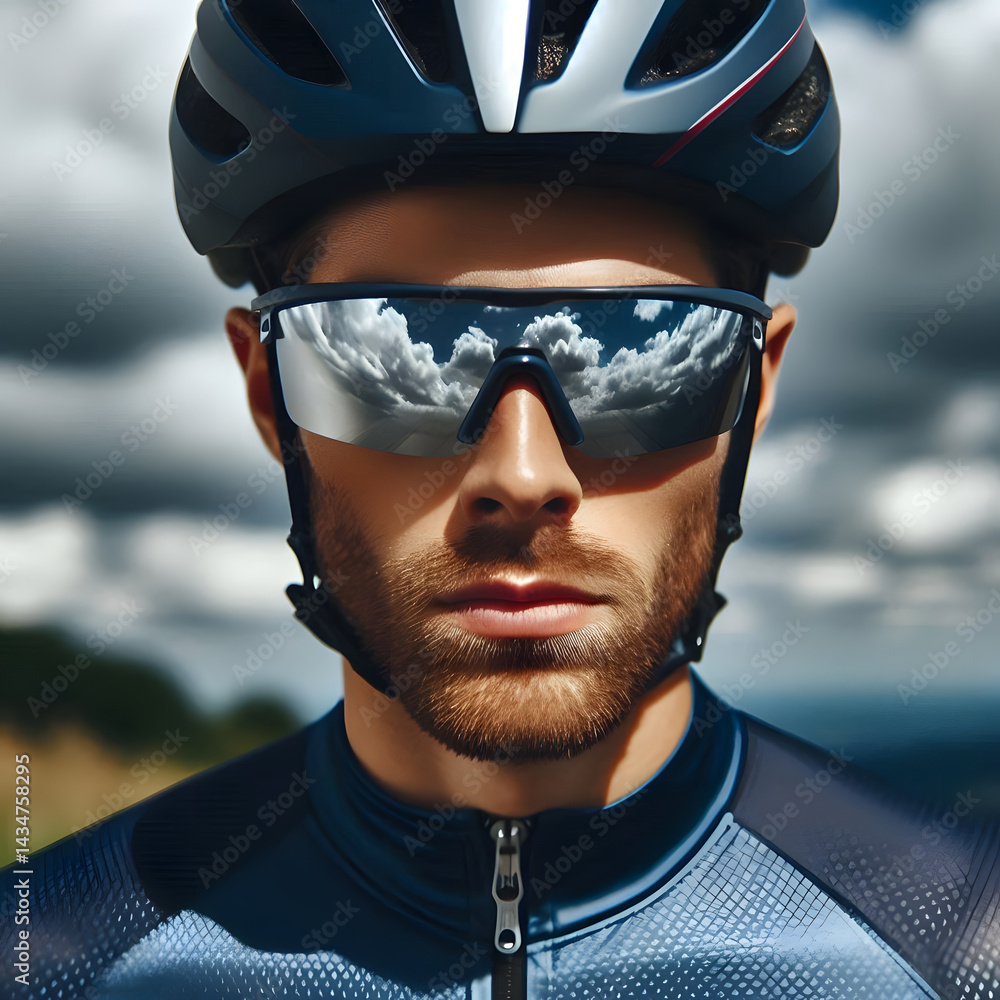 A young adult male with a beard wears a cycling helmet and sunglasses reflecting a cloudy sky