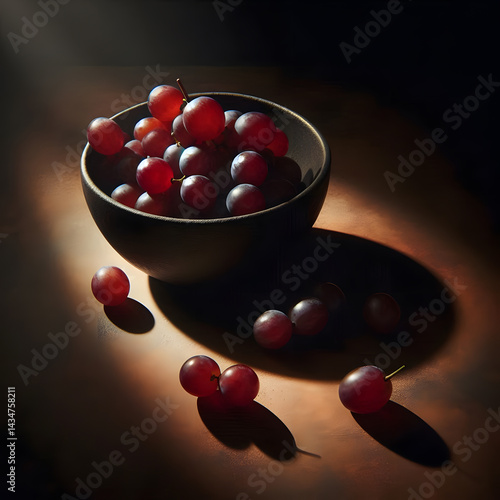 Obraz na płótnie A dark bowl holds red grapes, with some scattered on a dimly lit surface casting long shadows w salonie