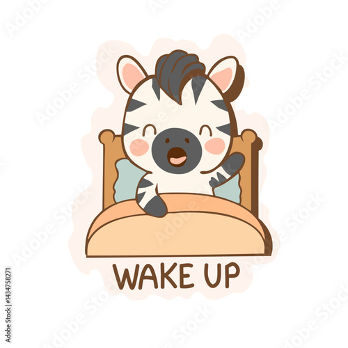 Zebra cute character in the bed, cute cartoon animals morning wake-up routine 