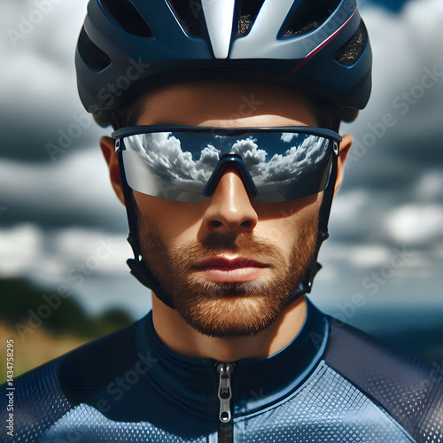 Obraz na płótnie A young adult male with a beard wears a cycling helmet and sunglasses reflecting a cloudy sky w salonie