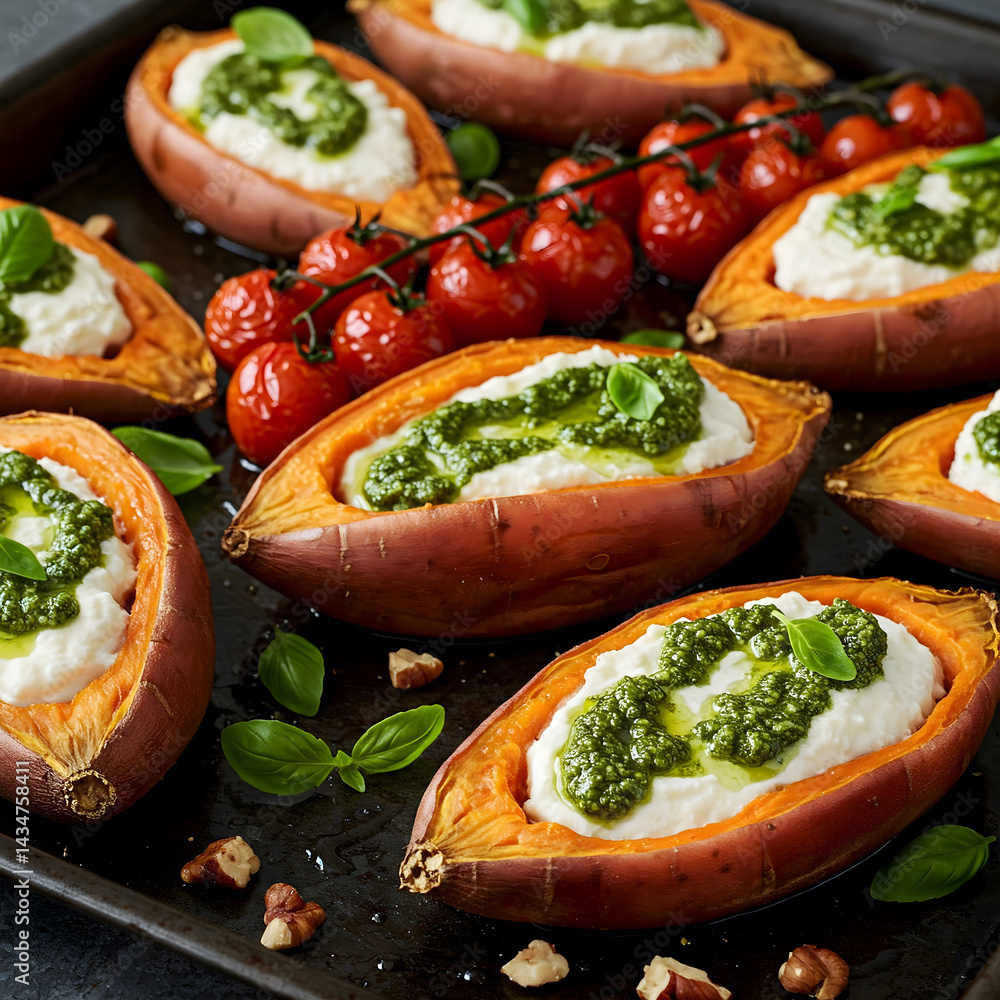 Halved baked sweet potatoes filled with creamy burrata and green pesto, alongside roasted cherry tomatoes