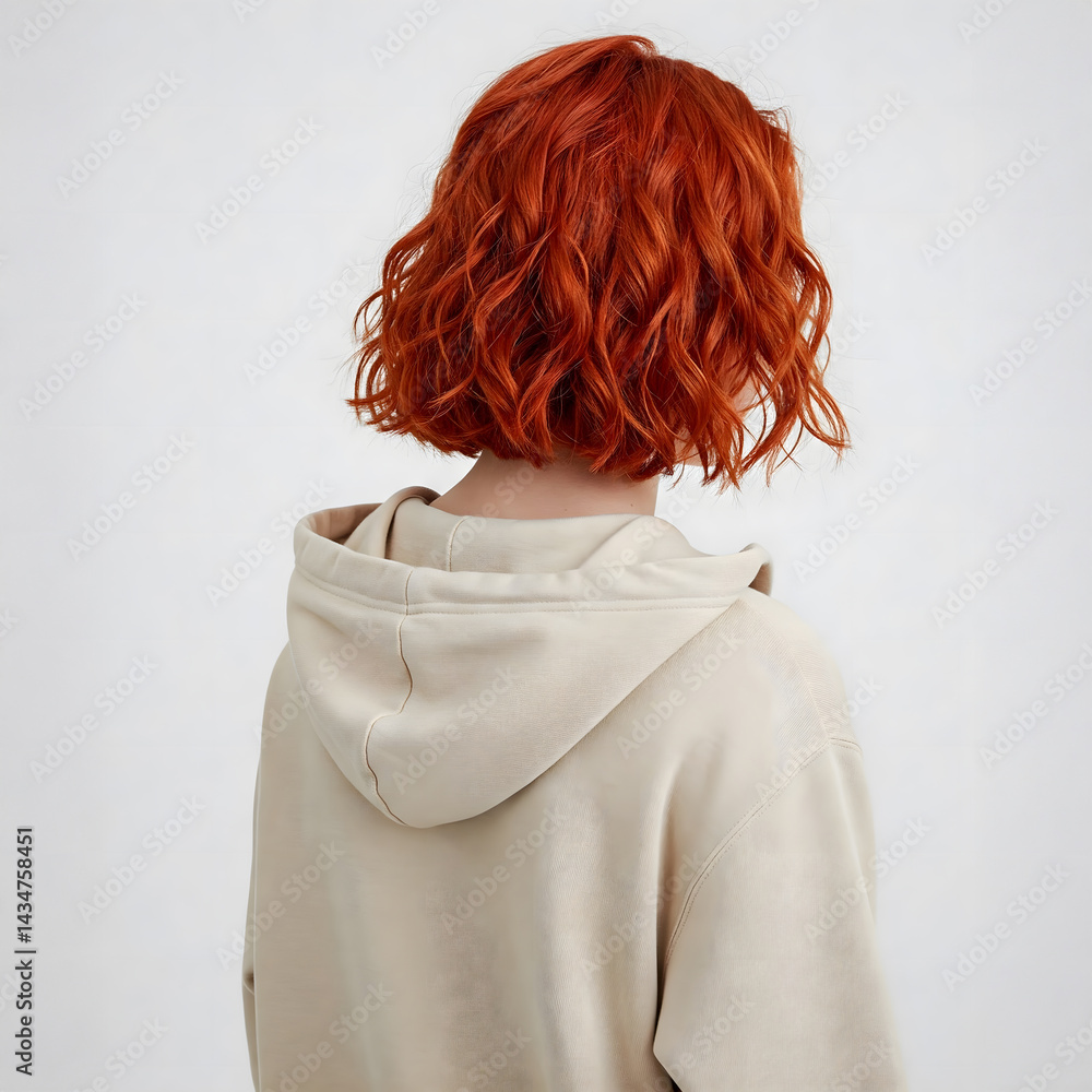 A young woman with short, wavy red hair wears a light-colored hoodie from the back