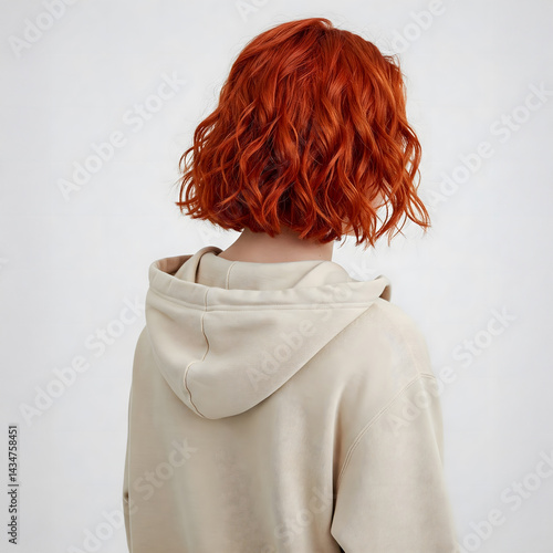 Obraz na płótnie A young woman with short, wavy red hair wears a light-colored hoodie from the back w salonie