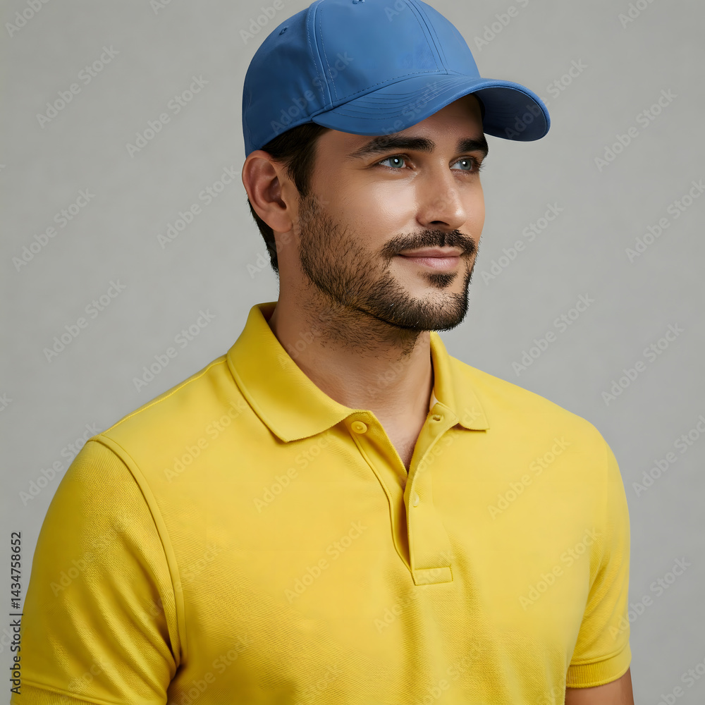 A young man with a mustache wears a blue baseball cap and a yellow polo shirt