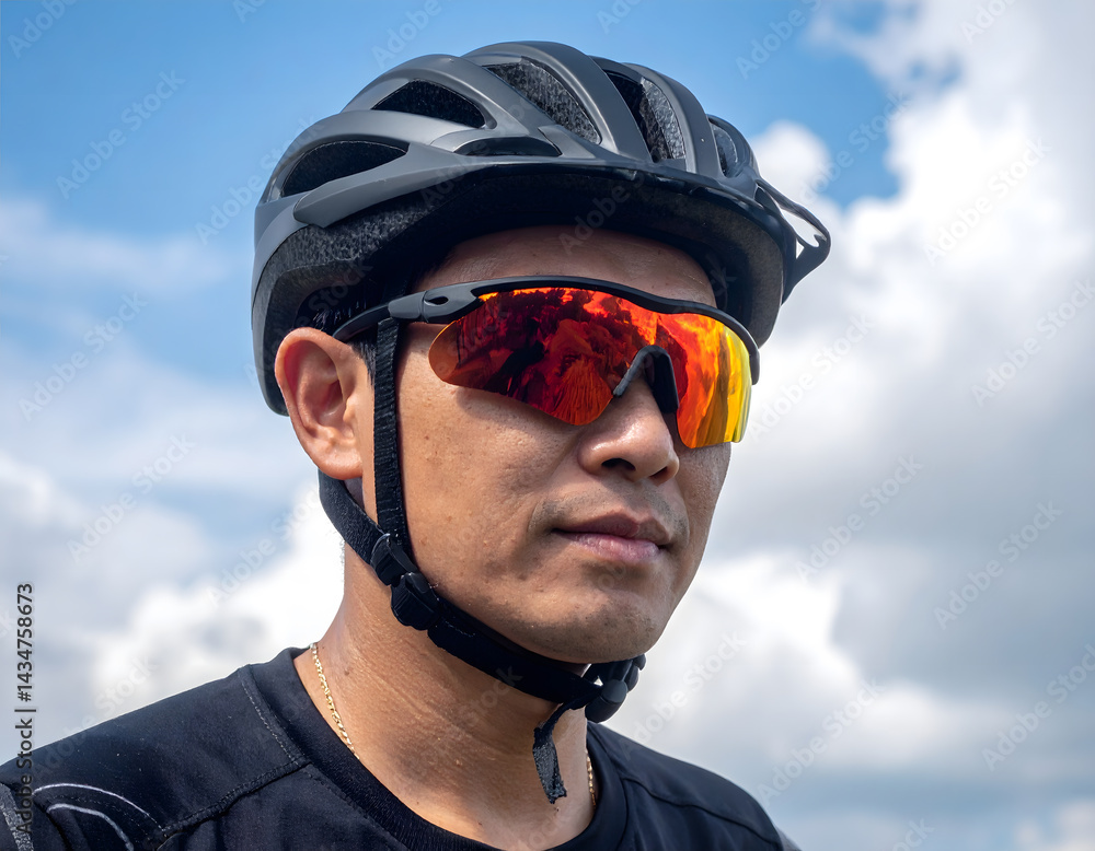 A young man wearing a cycling helmet and reflective sunglasses looks to the side against a sky backdrop