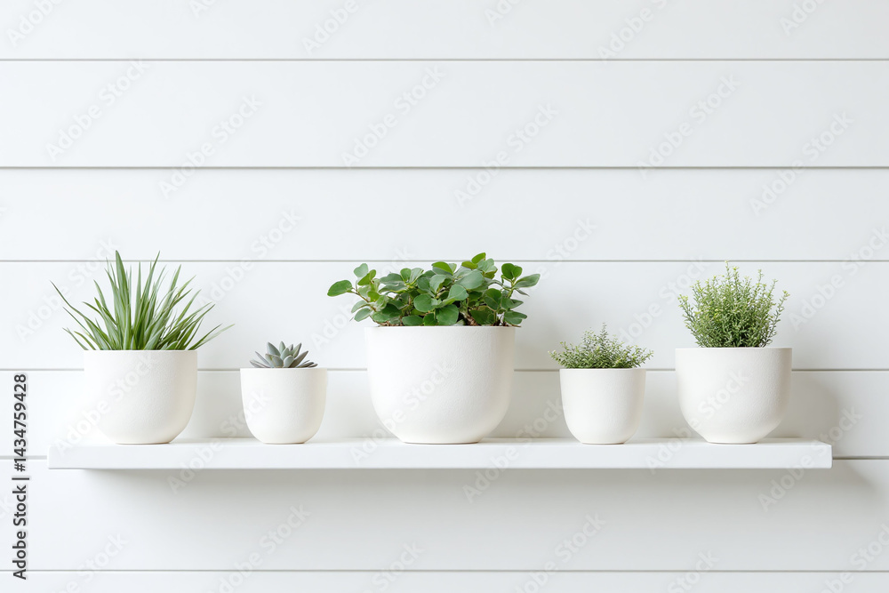 row of potted plants sitting on top of a wooden shelf row of potted plants sitting on top of a wooden shelf