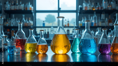 Lab setup with inorganic acids and bases, chemical substance, experiments with inorganic chemistry
