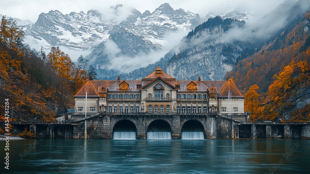 Fototapeta premium Stunning hydroelectric plant harnessing sustainable water power amidst majestic mountain landscape and autumn foliage