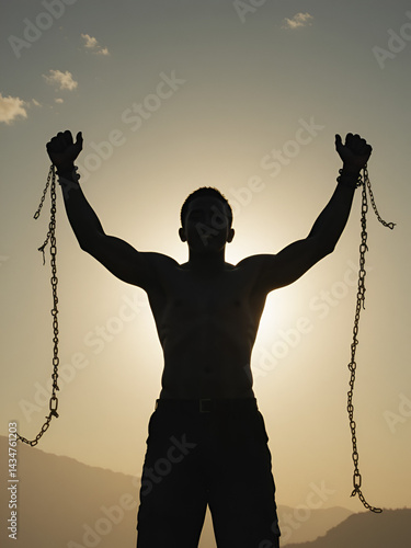 A silhouette of an individual breaking free from chains, A sense of relief or freedom is evident in their expression as they raise both arms up towards the sky