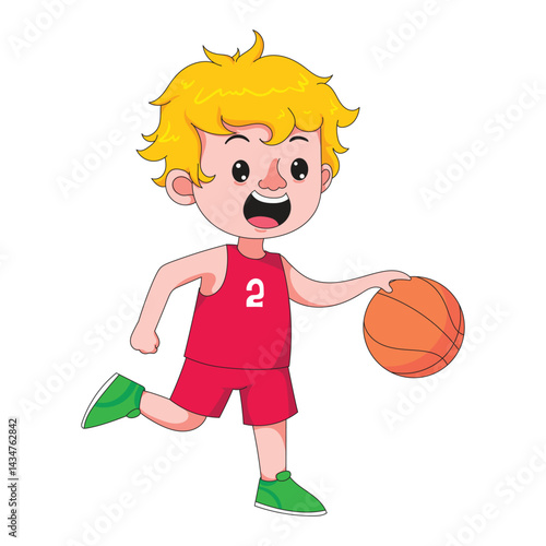 Cute boy playing basketball, fun childhood activity with sports, hobby, and education concept illustration.