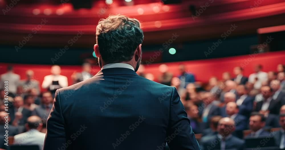 A speaker addressing an audience in a theater, with engaged listeners and vibrant lighting A speaker addressing an audience in a theater, with engaged listeners and vibrant lighting