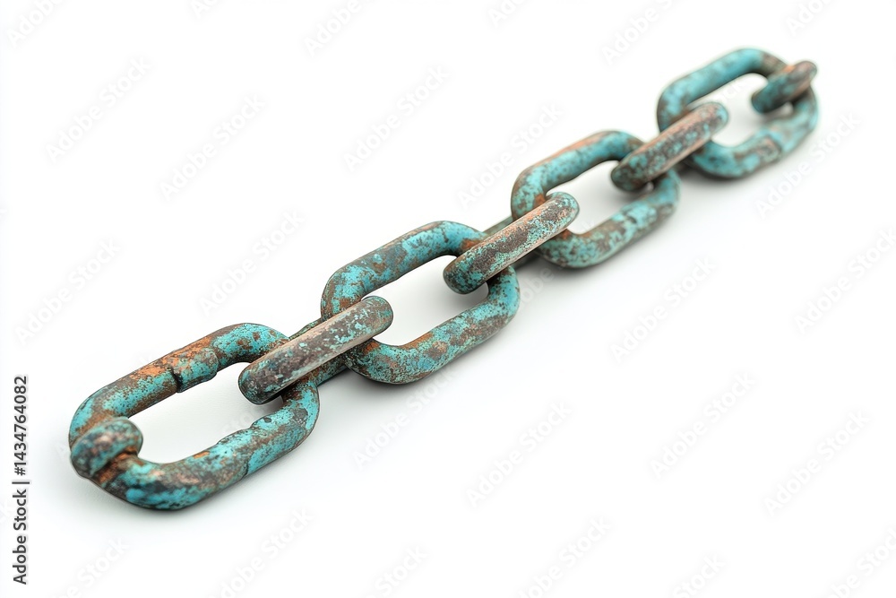 Obraz premium Rusty teal chain links against a white background.