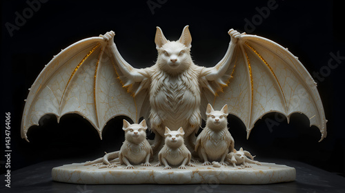 A bat family sculpted from marble, with golden veins running through their outstretched wings and small forms,