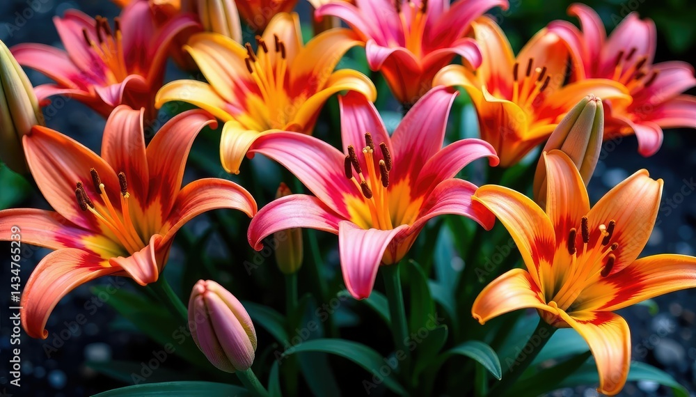 Fototapeta premium Bold, stylized lilies in vibrant hues, densely packed, floral, art