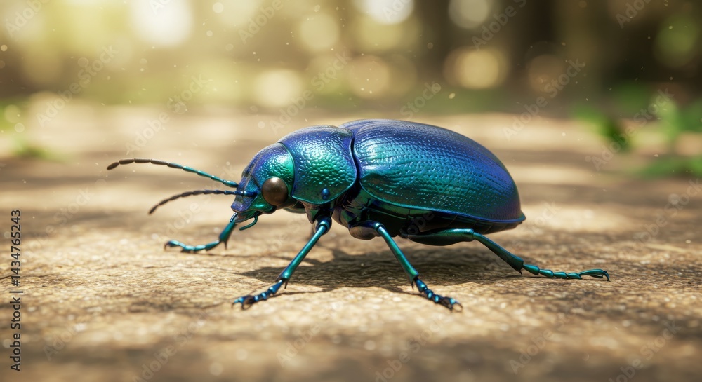 Naklejka premium Close-up of a Shiny Blue Beetle Crawling on a Forest Path