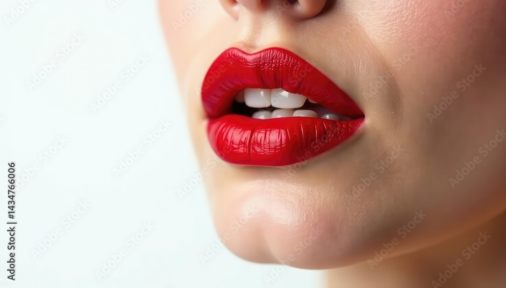 Obraz premium Close-up vibrant red lipstick, pristine white backdrop, focus, gloss