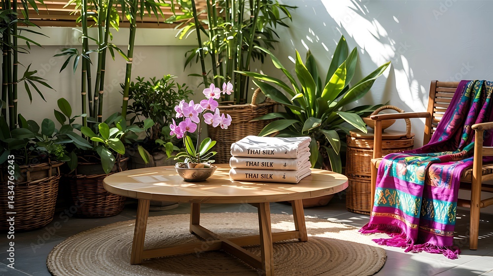 Fototapeta premium Beautifully decorated balcony with a wooden table, stacked Thai silk, a wooden chair, plants, and an orchid, bathed in bright light.