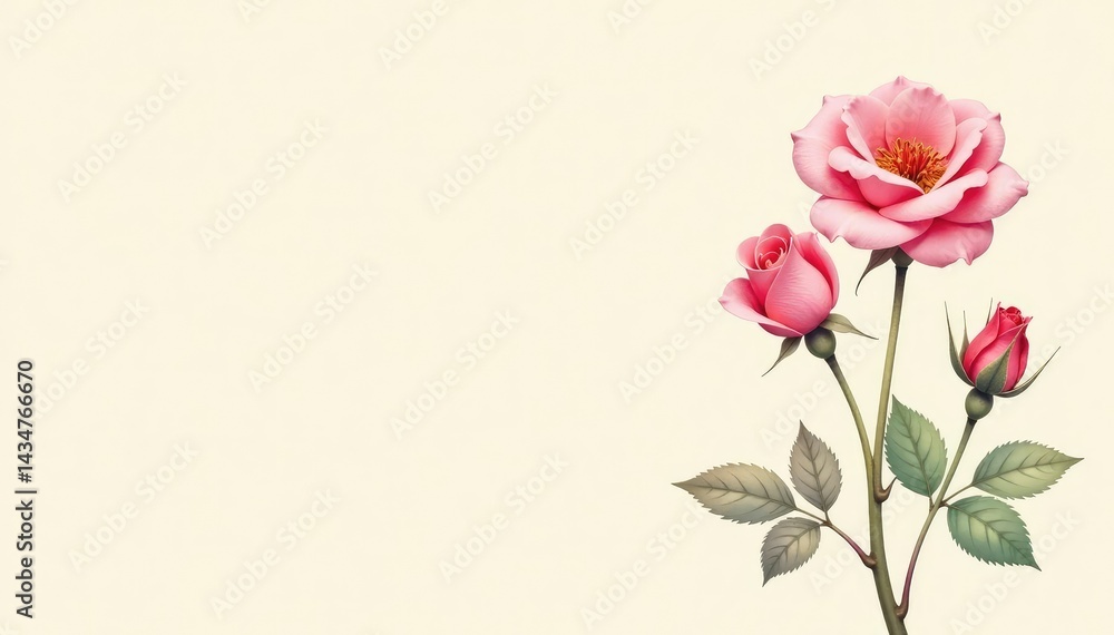 Fototapeta premium Delicate watercolor rosebuds on a cream background, floral print, buds, wallpaper