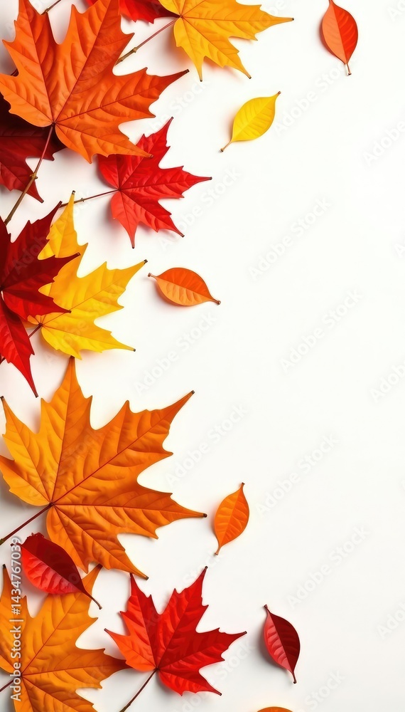 Fototapeta premium Dense autumn leaves scattered on a white background, leaves, autumn, season