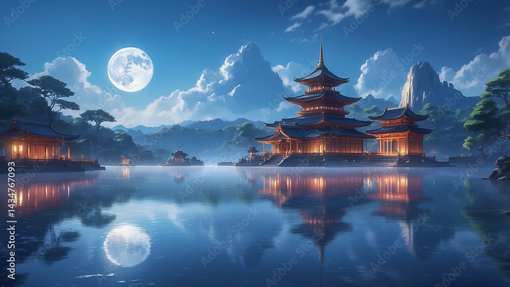 Obraz premium Tranquil Night Scene with Illuminated Pagoda