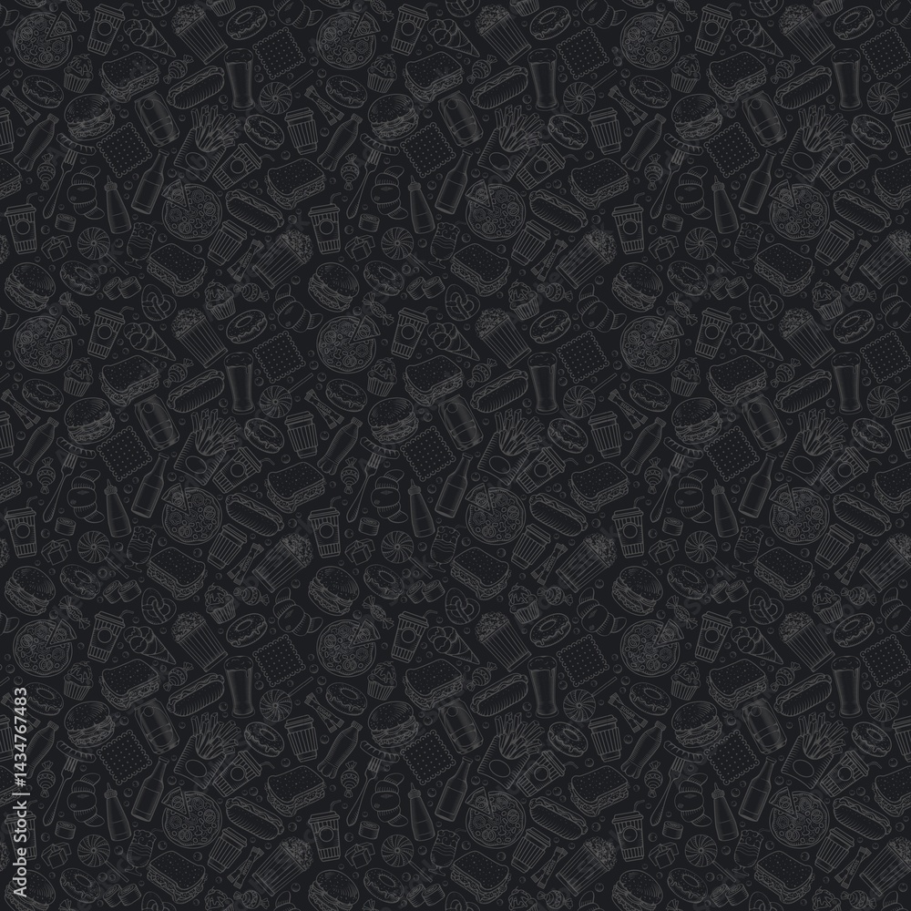 Fast food pattern: dog, hamburger, sauces, fries. Dark background, small. Fast food pattern: dog, hamburger, sauces, fries. Dark background, small.