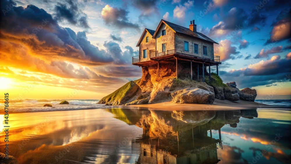 Fototapeta premium Double Exposure: House on Sand vs. Solid Foundation - Stability & Longevity