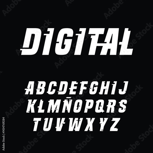Vector digital font, style distorted glitch typeface, font digital. illustration.