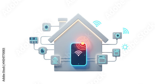 Social icons, advertising icons, business icons  a stylized house with a central hub connected to various smart home devices on a black background