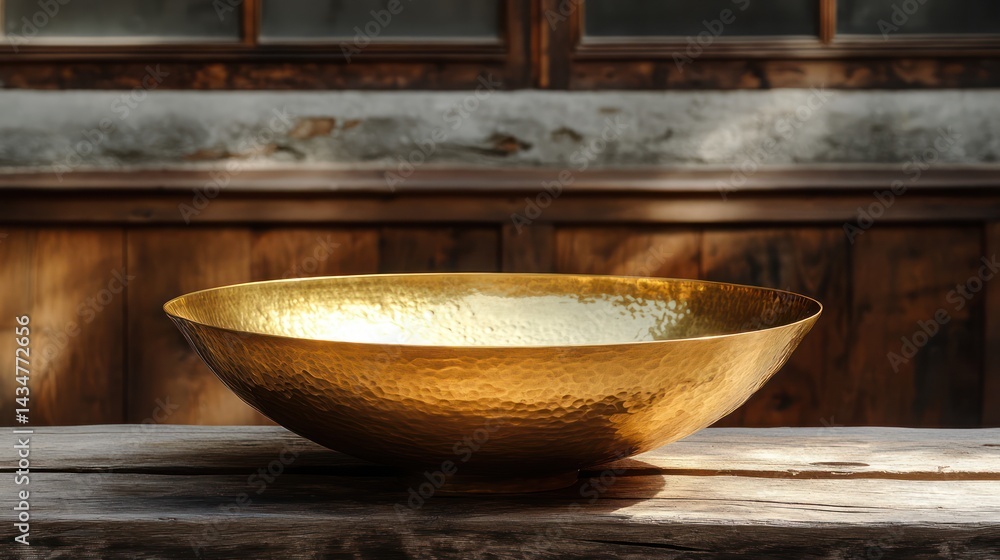 Elegant hammered golden bowl on weathered wood, showcasing artisanal craftsmanship