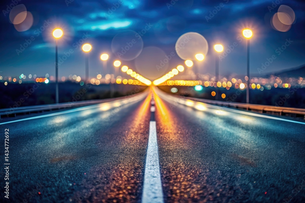 Fototapeta premium Empty Highway Night Bokeh, Asphalt Road, Night Drive, Lonely Road, Highway Scene, Bokeh Lights, Blurred Background, Dark Road, Night Photography,