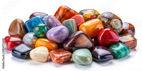 Colorful Smooth Stones Collection, Polished River Rocks, Gemstones, Natural Stones, White Background