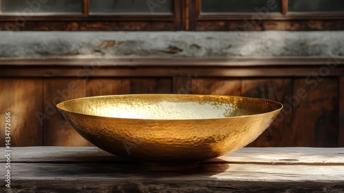Obraz na płótnie Elegant hammered golden bowl on weathered wood, showcasing artisanal craftsmanship w salonie