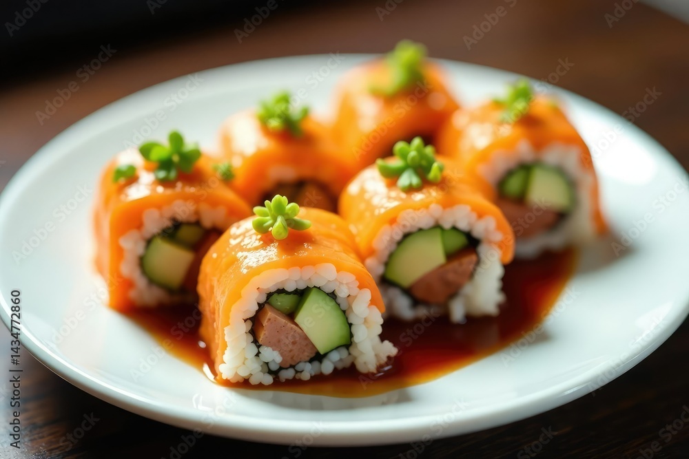 Variety of sushi rolls on white plate, soy sauce, wasabi, appetizer, fish, studio shot Variety of sushi rolls on white plate, soy sauce, wasabi, appetizer, fish, studio shot