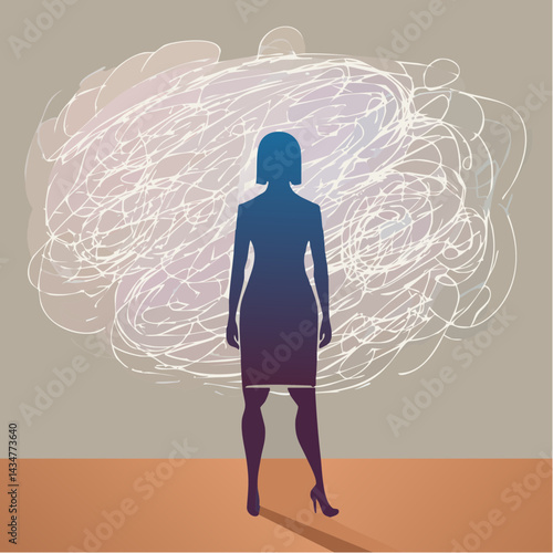 A person’s shadow filled with chaotic scribbles, while the person stands calmly.

