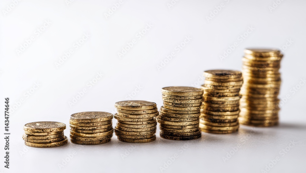 Ascending Stacks Of Golden Coins On White Backgrounds Ascending Stacks Of Golden Coins On White Backgrounds