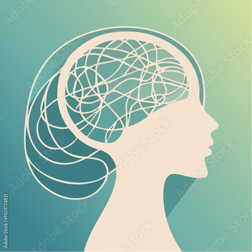 A human head silhouette filled with tangled threads unraveling into calm lines.

