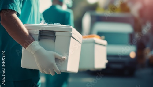 Medical Team Transports Organ In Medical Container Outdoors