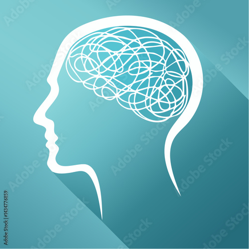 A human head silhouette filled with tangled threads unraveling into calm lines.

