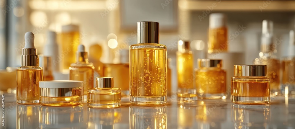Luxurious golden skincare products on a marble surface. Luxurious golden skincare products on a marble surface.