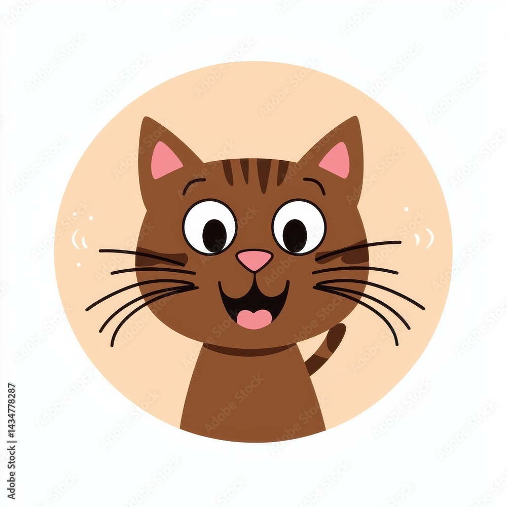 Fototapeta premium Cartoon illustration of a smiling brown cat with large expressive eyes in a circular frame